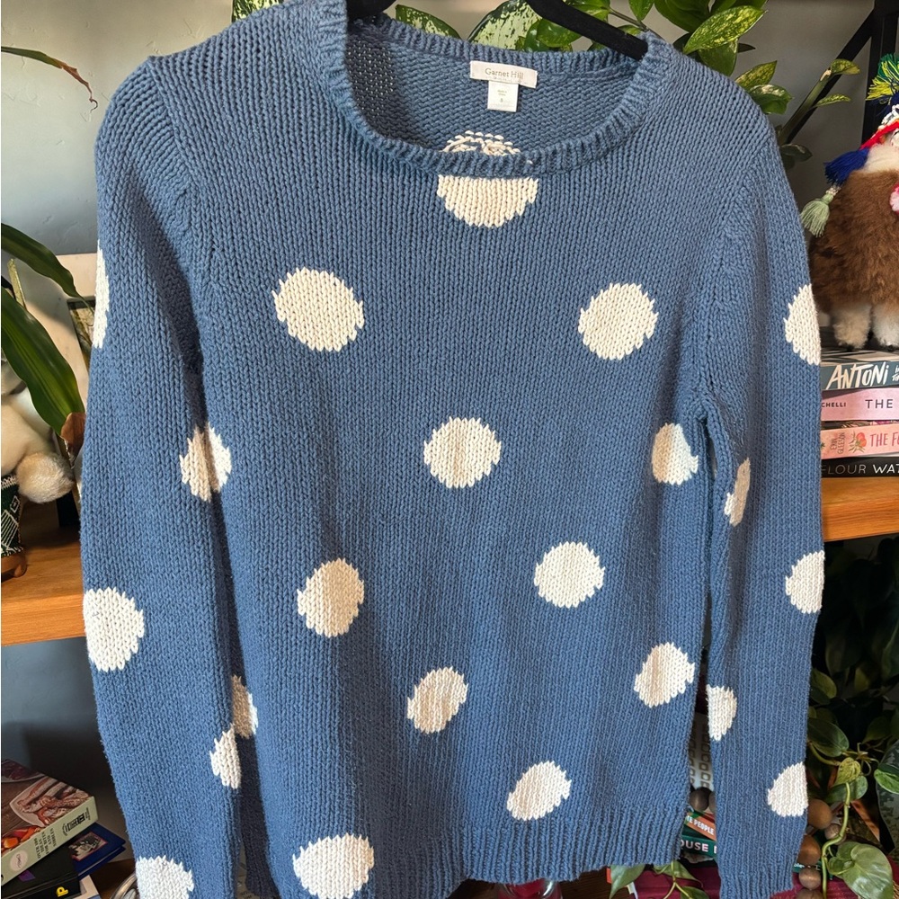 Garnet Hill Blue Sweater with White Polka Dots